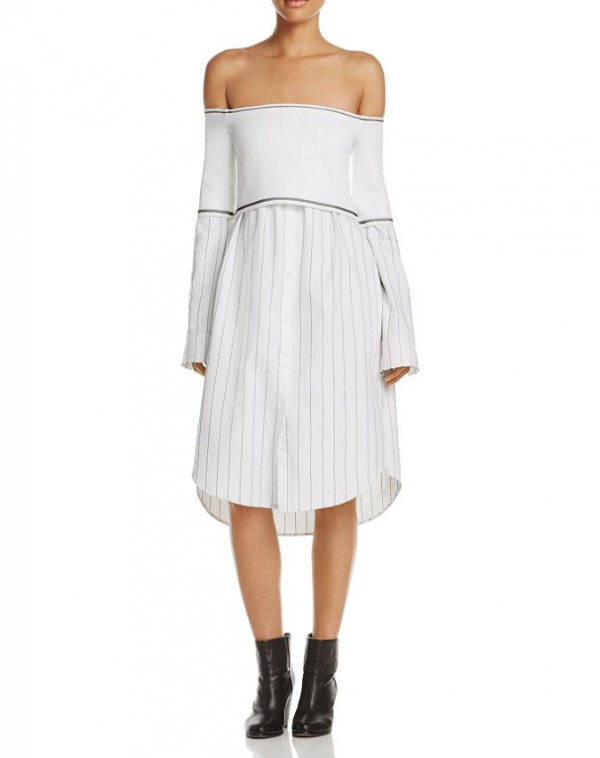 Dress off shoulder dengan tampilan layer